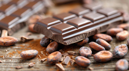 Rich dark chocolate bars are thoughtfully stacked, surrounded by cocoa bean fragments on a clean surface. The smooth texture and glossy finish highlight the allure of this delightful treat.の素材