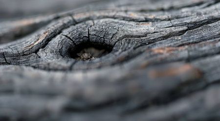 The intricate texture of weathered wood is highlighted, showcasing a prominent knot with rough edges. Natural light accentuates the deep grooves and varied shades, revealing the beauty of aged timber.の素材