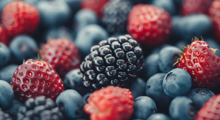 A vibrant assortment of fresh raspberries, blackberries, and blueberries fills the frame, showing their rich colors and textures. The berries are carefully arranged, highlighting their freshness and appeal.の素材