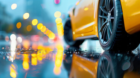 A bright yellow sports car is parked on a rain-soaked street, showcasing its sleek design while reflecting colorful city lights in the puddles around it during a rainy evening.の素材