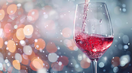 Red wine is being poured into a glass, creating bubbles and splashes, illuminated by a shimmering bokeh background, evoking a festive atmosphere.の素材