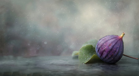 A fresh fig rests on a green leaf, glistening with raindrops. The soft focus background suggests a gentle rain, creating a serene atmosphere that highlights the fig's vibrant color and texture.の素材