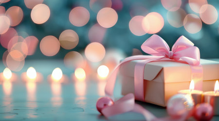 A beautifully wrapped gift box sits beside a soft heart decoration, illuminated by warm candlelight. Heart-shaped bokeh lights twinkle in the background, creating a cozy and romantic atmosphere.の素材