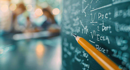 A yellow pencil rests on a chalkboard filled with handwritten notes and equations, while students can be seen engaging in classroom activities in the background, creating an atmosphere of learning.の素材