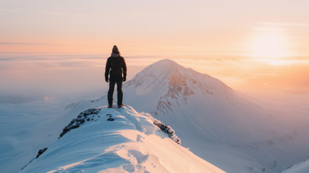 A lone hiker stands atop a snow-covered mountain, gazing at the breathtaking sunrise over the distant peaks, surrounded by a serene winter landscape.の素材
