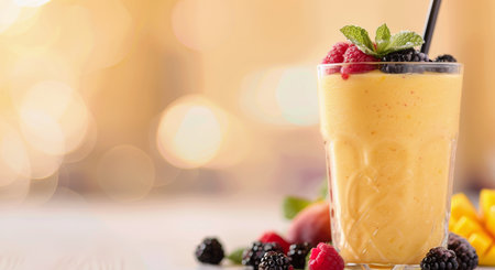 A vibrant mango smoothie topped with fresh berries and mint sits enticingly, capturing the essence of summer. The background features blurred mango chunks, enhancing the fruity theme.の素材