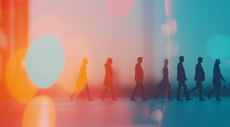 Several silhouettes of people walk in a line toward a vibrant sunset, creating a striking contrast with colorful light trails around them. The urban environment adds a modern touch to this serene moment.の素材