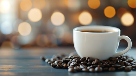 A steaming cup of coffee rests on a rustic wooden table, surrounded by scattered coffee beans. The warm ambiance is enhanced by soft, blurred lights in the background, creating a cozy cafÃ© atmosphere.の素材
