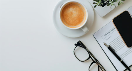 A well-organized home office setting featuring a silver laptop, a steaming cup of coffee, a notepad, glasses, a smartphone, and a pen, all arranged neatly on a white desk, ideal for productivity.の素材