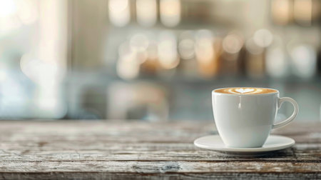 A freshly prepared creamy latte sits in a glass on a rustic wooden table, surrounded by scattered coffee beans and a light sprinkle of cinnamon, creating a warm and inviting atmosphere.の素材