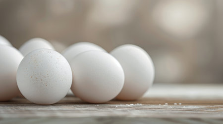 Several fresh white eggs are neatly arranged on a rustic wooden surface, illuminated by soft natural light, highlighting their smooth texture and subtle imperfections.の素材