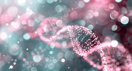 A vibrant, abstract depiction of a DNA helix surrounded by luminous particles and a soft gradient background, creating a sense of depth and complexity, highlighting the intricacies of genetic structures.の素材