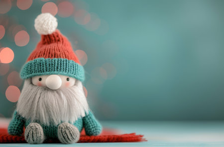 A charming knitted Santa figure with a red hat and turquoise outfit sits on a colorful surface, surrounded by soft bokeh lights that evoke a warm holiday spirit.の素材