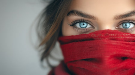 A young woman showcases striking blue eyes partially obscured by a red scarf. Soft lighting highlights her features, creating a captivating, intimate mood in an indoor setting.の素材
