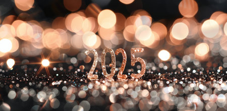 Glittering numbers representing the year 20025 stand among shimmering lights, creating a festive atmosphere perfect for a New Year celebration. The scene captures excitement and anticipation for the upcoming year.の素材