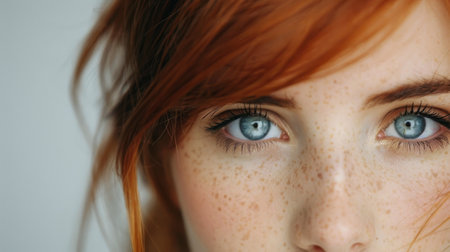 A young woman with vibrant red hair and stunning blue eyes gazes directly at the viewer. Freckles adorn her cheeks, adding to her striking appearance against a soft, neutral background.の素材