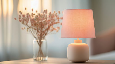 A stylish table lamp emits a warm glow in a contemporary bedroom. Plush pillows and a knitted throw enhance the inviting atmosphere, complemented by soft natural light streaming through the window.の素材