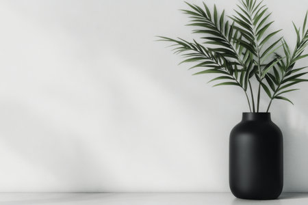 A black vase holds lush green palm leaves, enhancing a minimalistic decor with a clean white background that creates a calm and modern atmosphere.の素材