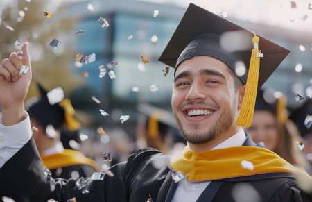 A young man in a graduation cap and gown smiles brightly while raising his fist in celebration among fellow graduates, capturing the joy and excitement of the graduation ceremony on a sunny spring day.の素材