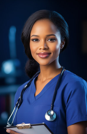 A healthcare professional wearing blue scrubs and a stethoscope stands confidently, holding a clipboard ready for patient assessment in a well-lit clinic environment.の素材