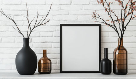 A stylish, minimalist arrangement featuring an empty black frame, two amber glass bottles, a dark vase, and dried flowers on a wooden table against a white brick wall.の素材