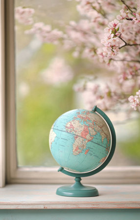 A vintage globe stands on a wooden table, featuring detailed maps of the world. In the blurred background, colorful flowers add a soft touch, creating a serene daytime setting.の素材