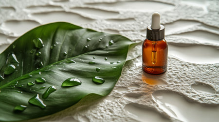 A dropper bottle filled with amber oil sits beside two fresh green leaves on a sleek, textured surface, creating a serene and natural aesthetic. Water droplets add a fresh touch to the composition.の素材