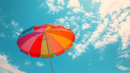A vibrant umbrella leans against the soft sand on a sunny beach, with gentle waves rolling in and people enjoying the water near a distant pier.の素材