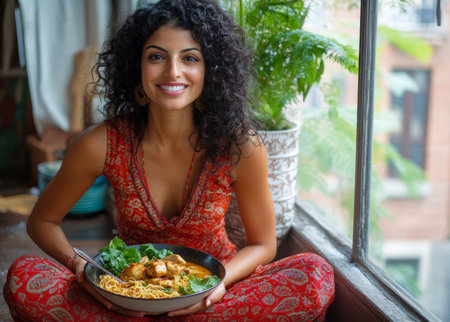 A young woman with curly hair smiles as she enjoys a bowl of noodles and greens, seated comfortably by a window that offers a view of lush greenery outside.の素材