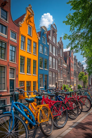 Brightly colored bicycles are parked along the cobblestone path next to a canal, with vibrant houses in shades of orange, blue, and brown basking in the sun under a clear blue sky.の素材