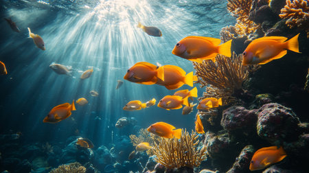 A group of bright orange fish glides gracefully through crystal-clear waters, illuminated by sunshine filtering down from the surface. Colorful coral formations provide a vibrant backdrop in this underwater paradise.の素材