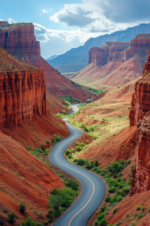 A smooth, winding road stretches into the distance, flanked by towering red rock formations and lush greenery under a bright blue sky.の素材