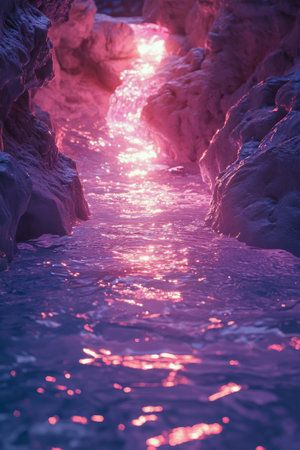 Soft waves shimmer under a vibrant sunset, reflecting hues of purple and pink across the tranquil ocean surface during twilight.の素材