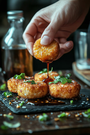 A hand holds a crispy fried snack above a plate, with sauce dripping off it. The dish features multiple golden-brown bites garnished with fresh herbs on a rustic wooden surface.の素材