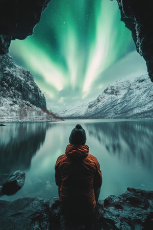A figure is silhouetted inside a frozen cave, gazing up at vibrant green auroras illuminating the night sky.の素材
