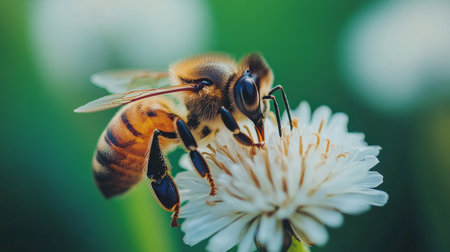 A honeybee gathers nectar from delicate white flowers, showing its vibrant stripes and intricate wings against a soft green background in a lively spring garden.の素材