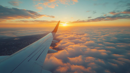 Golden sunlight breaks over the horizon, illuminating fluffy clouds below. The vibrant colors blend beautifully as the sun rises, creating a serene atmosphere during the journey.の素材