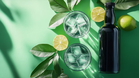 Two glasses filled with cocktails and lime slices sit next to a bottle, surrounded by fresh limes and blooming flowers on a vibrant green backdrop, creating a refreshing and inviting atmosphere.の素材