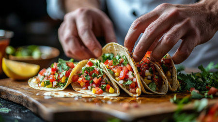 A chef carefully assembles fresh tacos filled with diced tomatoes, peppers, and cilantro on a rustic wooden board, highlighting vibrant colors and textures.の素材