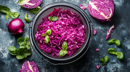 Vibrant red cabbage is neatly placed in a black bowl surrounded by fresh greens, showing rich colors and textures against a textured stone surface.の素材