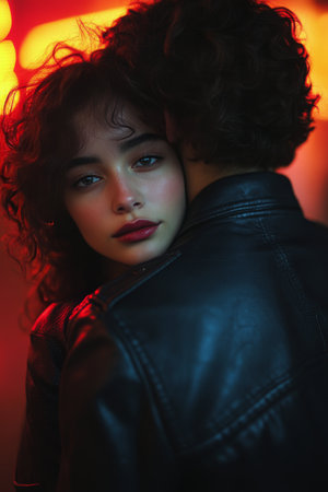 A young couple stands close together, embracing each other against a backdrop of vibrant blue and pink lights, creating a moody, intimate atmosphere in an urban environment at night.の素材