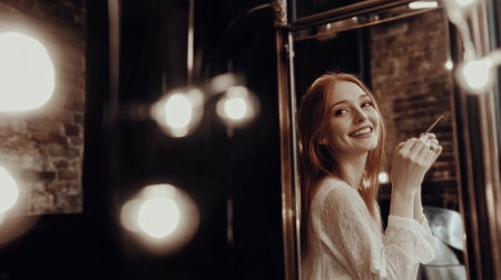 A cheerful young woman sits in a vintage dressing room, illuminated by warm light bulbs. She holds a makeup brush and looks at her reflection, radiating happiness as she prepares for a performance or event.の素材