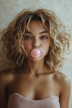 A young woman with tousled curly hair playfully blows a bubble, her lips slightly pursed. Soft sunlight illuminates her features, creating a warm and inviting atmosphere.の素材