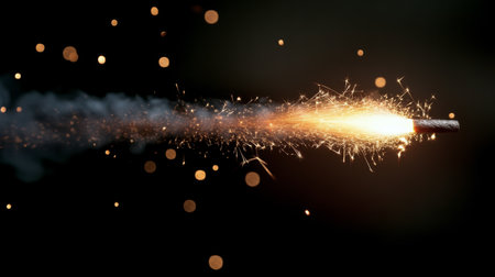 A sparkler ignites with vibrant sparks, illuminating the darkness during a festive gathering. The bright light contrasts sharply with the surrounding blackness, creating a captivating visual effect.の素材