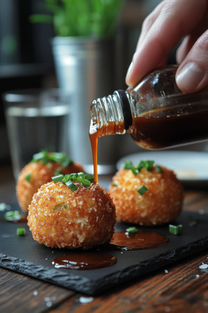 A hand holds a crispy fried snack above a plate, with sauce dripping off it. The dish features multiple golden-brown bites garnished with fresh herbs on a rustic wooden surface.の素材