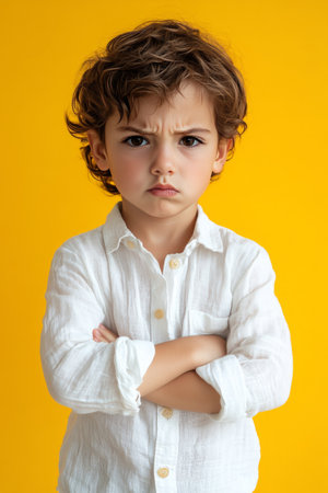 A young boy with short brown hair stands with crossed arms and a serious expression, set against a vibrant yellow backdrop that highlights his mood.の素材