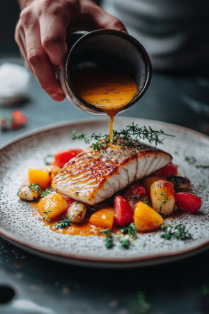 A chef meticulously drizzles a rich sauce over perfectly grilled salmon, accompanied by vibrant seasonal fruits and herbs on a beautifully arranged plate in an upscale restaurant.の素材