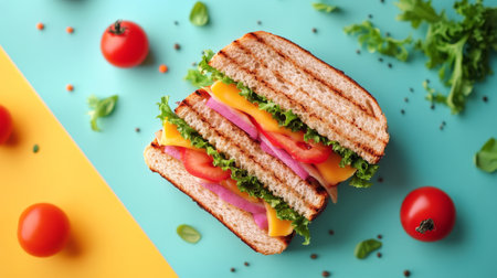 A fresh sandwich is crafted with layers of lettuce, cheese, and sliced cherry tomatoes. Surrounding ingredients include greens and additional tomatoes, all set against a bright, yellow-green backdrop.の素材