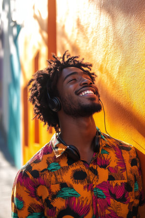 A man with curly hair smiles joyfully as he listens to music through his headphones, leaning against a vibrant wall adorned with artwork on a sunny day.の素材