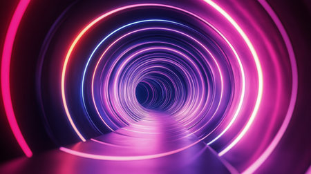 A vibrant tunnel illuminated by neon lights creates a mesmerizing perspective, with a smooth, reflective floor leading toward a dark exit. The colorful hues enhance the atmosphere of mystery and intrigue.の素材